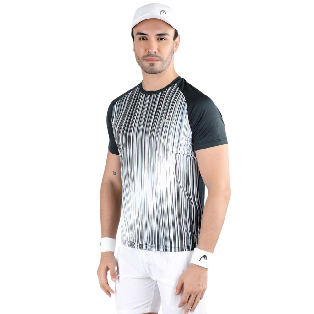 HEAD HCD‑383 Men’s Round‑Neck Sports T‑Shirt – Moisture‑Wicking Dot‑Knit Polyester with Digital Graphic Print (Charcoal/White) - Best Price online Prokicksports.com