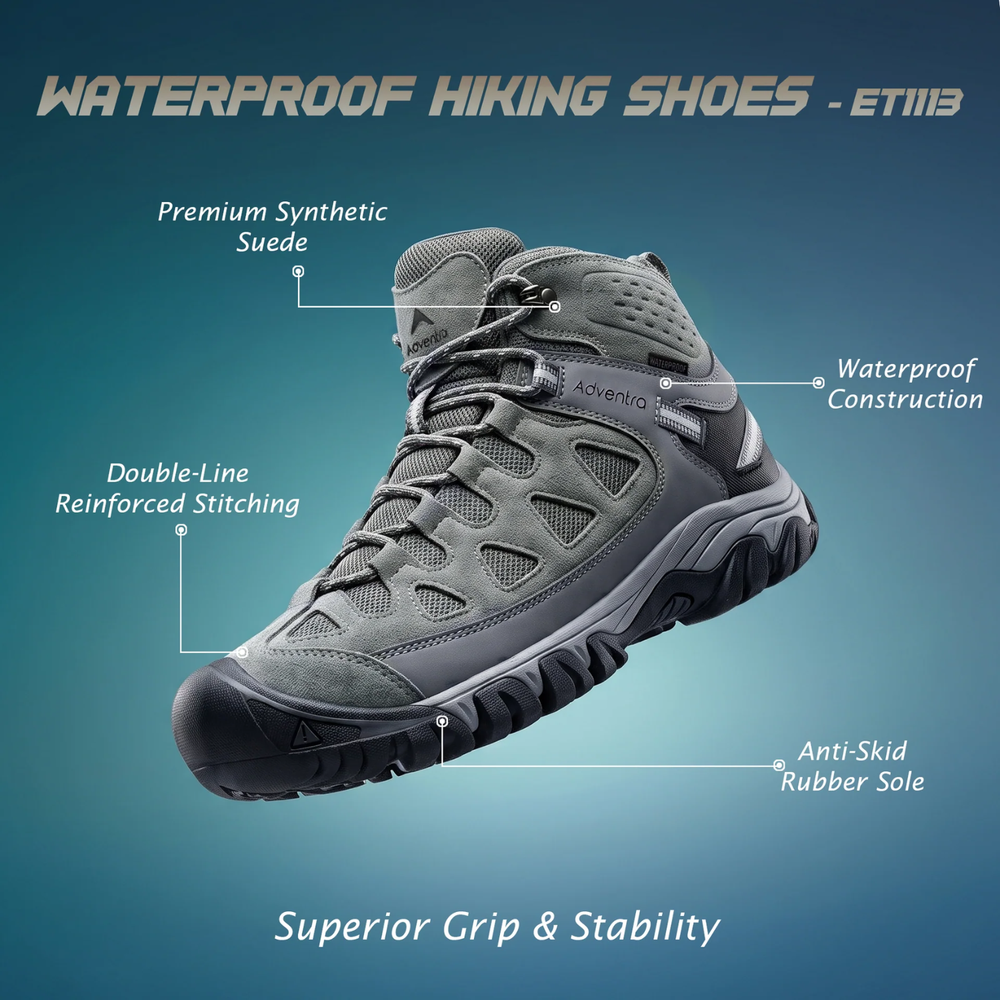 Waterproof Mid Ankle Hiking Shoes with Suede Upper (ET1113) | Synthetic Suede, EVA Cushioned Midsole, Deep-Lug Anti-Skid Outsole, Reflective Tape, All Season