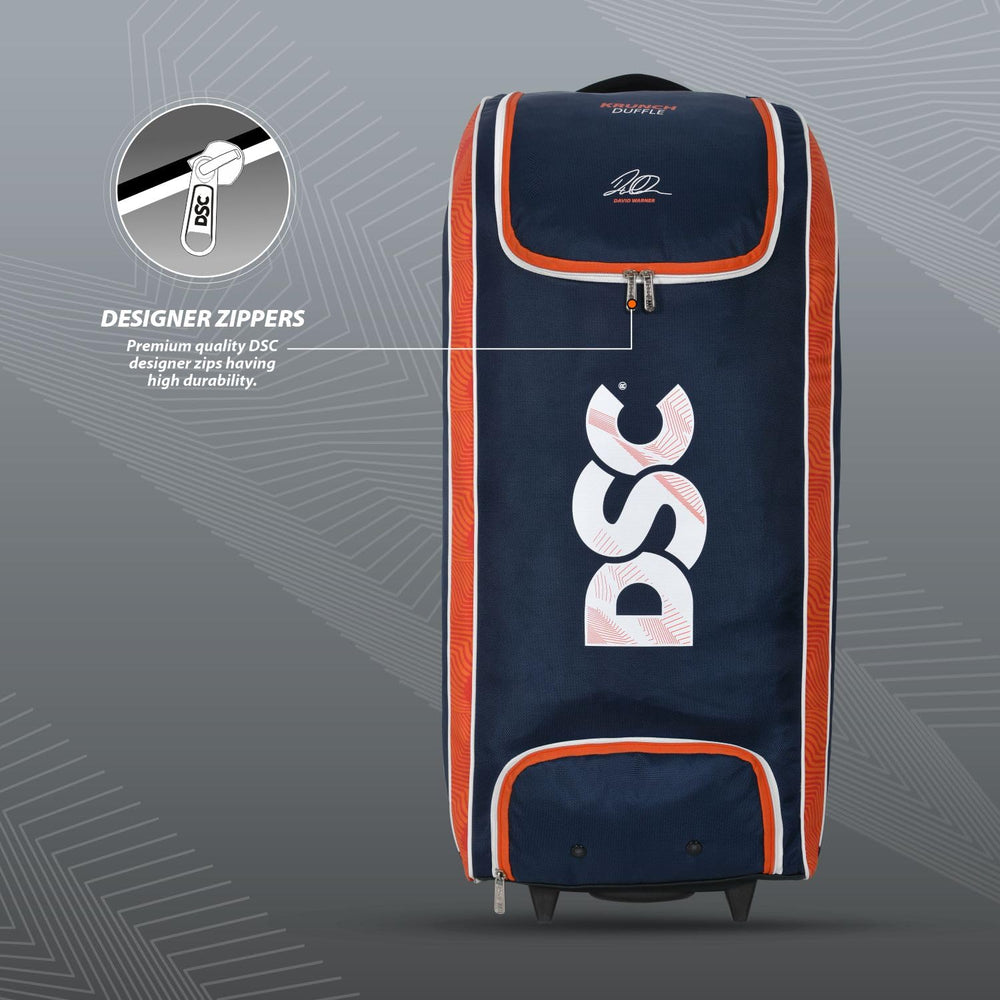 DSC Krunch Duffle Cricket Kit Bag with Wheels | Large Cricket Equipment Bag | Holds 4 Bats, Ventilated Shoe Pocket | Navy/Orange - Best Price online Prokicksports.com