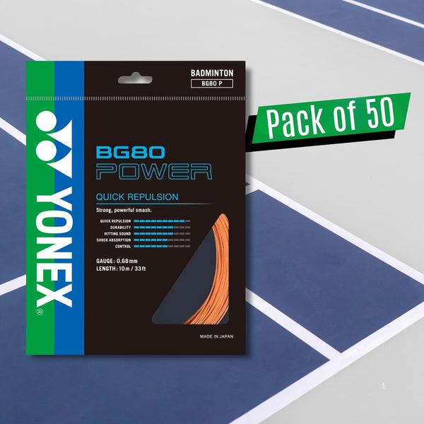 Yonex BG80 Power Badminton Strings – 0.68mm Gauge, 10m Sets, Pack of 50 (Vectran Smash Power & Control)