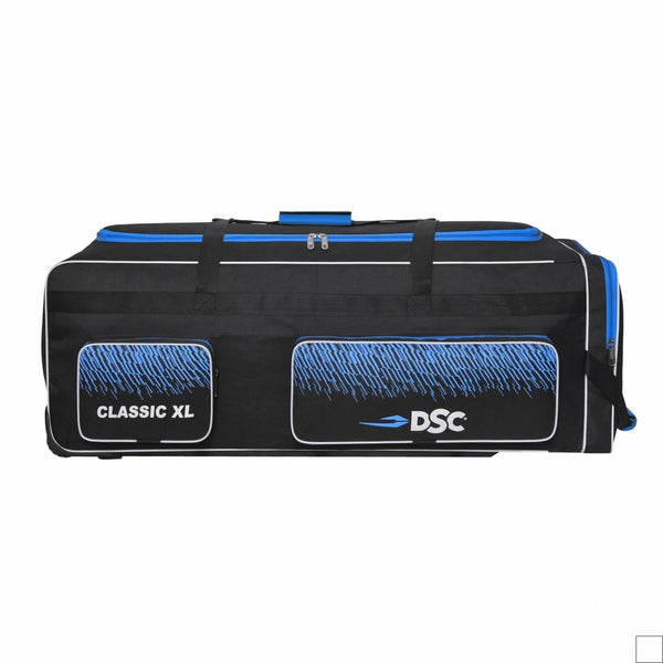 DSC Classic XL Cricket Kit Bag with Wheelie – Black/Blue, Extra Large Capacity Wheelie Cricket Gear Bag with Durable Fabric & Multiple Compartments