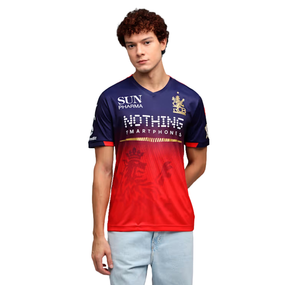 PUMA RCB Replica Jersey 2026 V-Neck T-Shirt for Men | dryCELL Sweat-Wicking Fabric with Lightweight Interlock Knit & Official Team Crest, Navy/Flame Scarlet - Best Price online Prokicksports.com