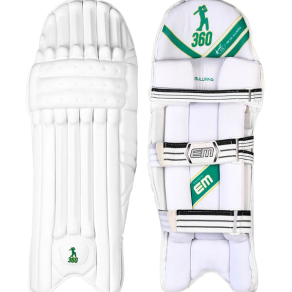 EM 360 Bull Ring Right Hand Cricket Batting Legguard – ABD 360 Bull Ring Hi‑Density Pads with Knee Socket for Right‑Hand Batsmen