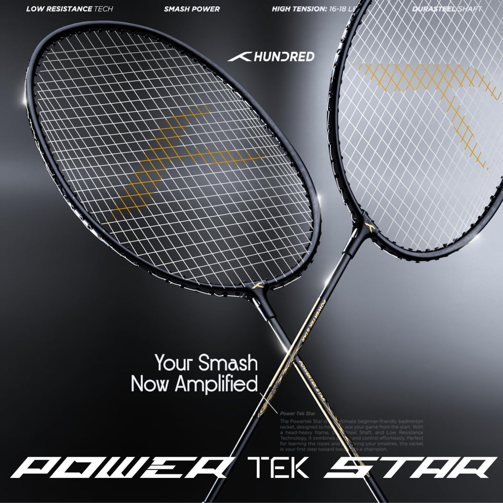 Hundred Powertek Star Strung Badminton Set (Pack of 2 Racquets) | Lightweight Aluminium Frame with Pre-Strung Strings, Full Cover & Shuttlecock Combo for Beginners - Best Price online Prokicksports.com
