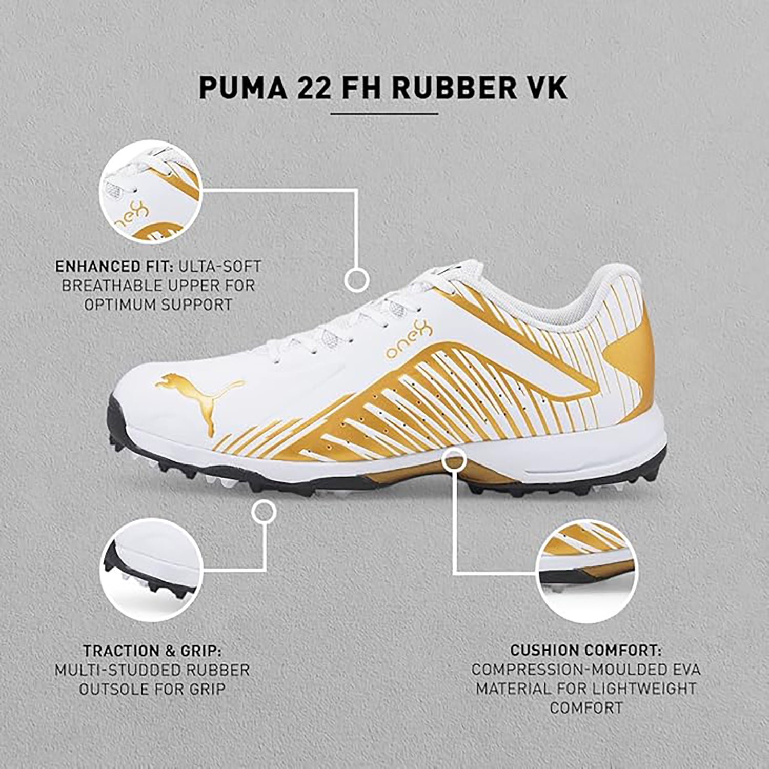 PUMA 22 FH Rubber VK Cricket Shoes for Men – Lightweight Cricket Footwear with Rubber Sole for Grip and Match Comfort - Best Price online Prokicksports.com