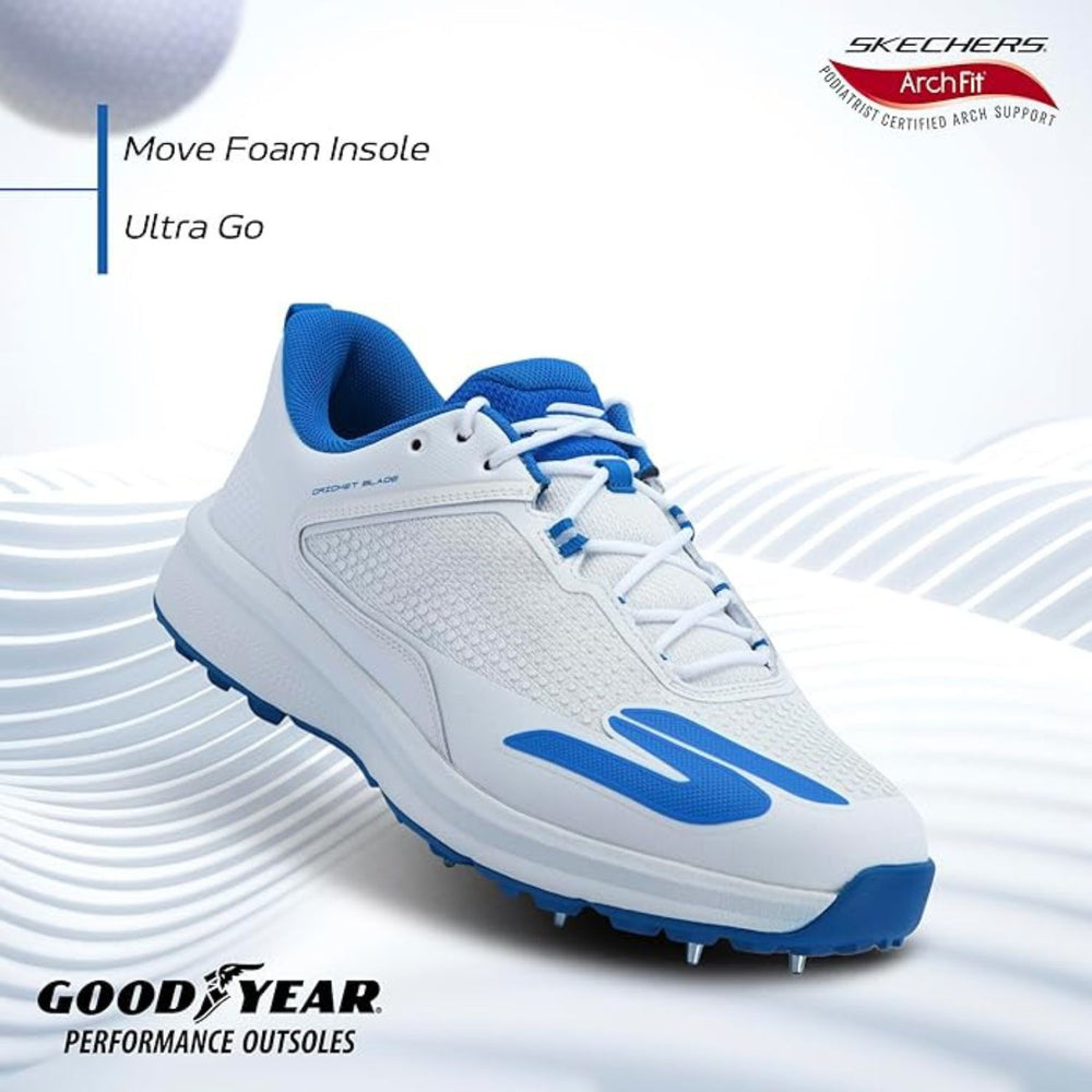 Skechers Cricket Elite Men’s Metal Spike Shoes – White/Light Blue | Pro-Level Cricket Shoes with Superior Traction & Comfort - Best Price online Prokicksports.com
