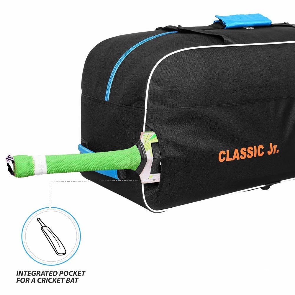DSC Classic JR Cricket Kit Bag with Wheelie – Black/Blue, Junior Wheelie Cricket Gear Bag with Durable Fabric & Spacious Storage - Best Price online Prokicksports.com