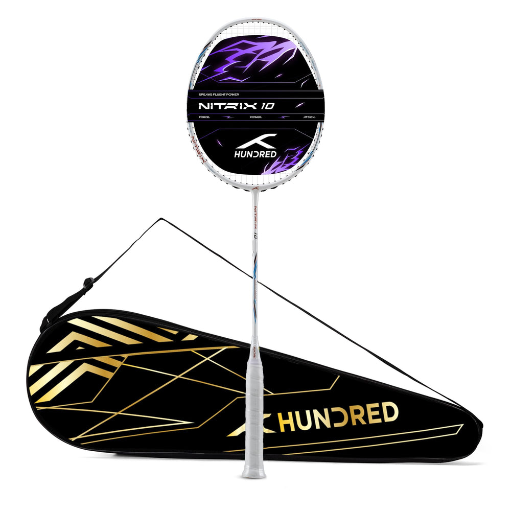 Hundred Nitrix 10 Badminton Racket (Strung) | Head-Heavy Carbon Fiber Attacking Racquet with Full Cover | Max Tension 30 lbs