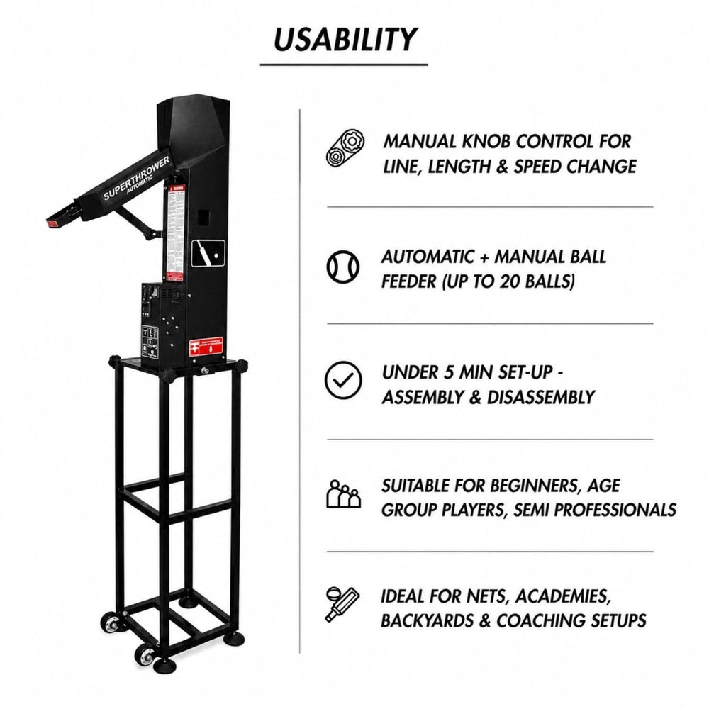 Freebowler Superthrower Automated Pro FS2 PRO PLUS Arm Simulated Portable Cricket Bowling Machine Auto Feeder Speed Control Line Length Adjustable Battery Backup - Best Price online Prokicksports.com