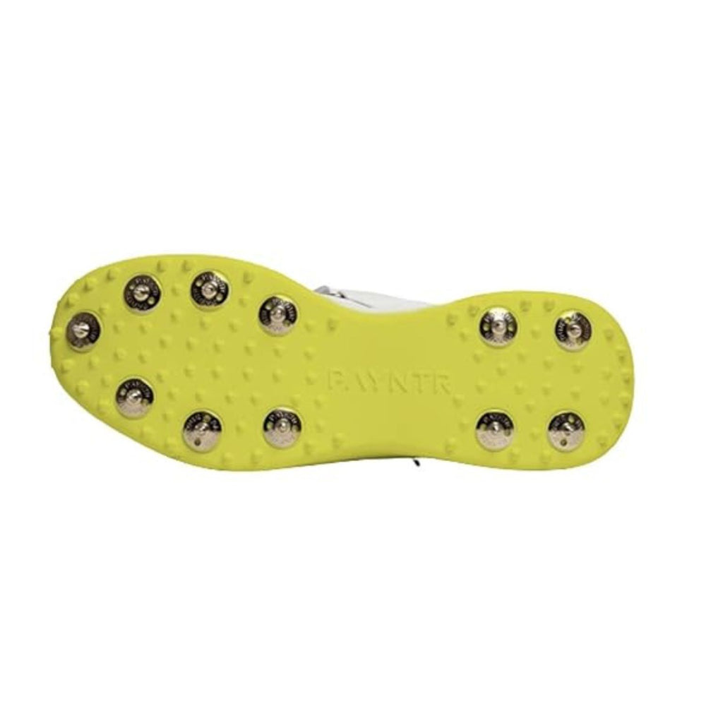 Payntr X Bowling Spike Cricket Shoes – White & Blue | Premium PU Upper, Velcro Strap, 7/4 Spike Formation, EVA Midsole, Reinforced Toe - Best Price online Prokicksports.com