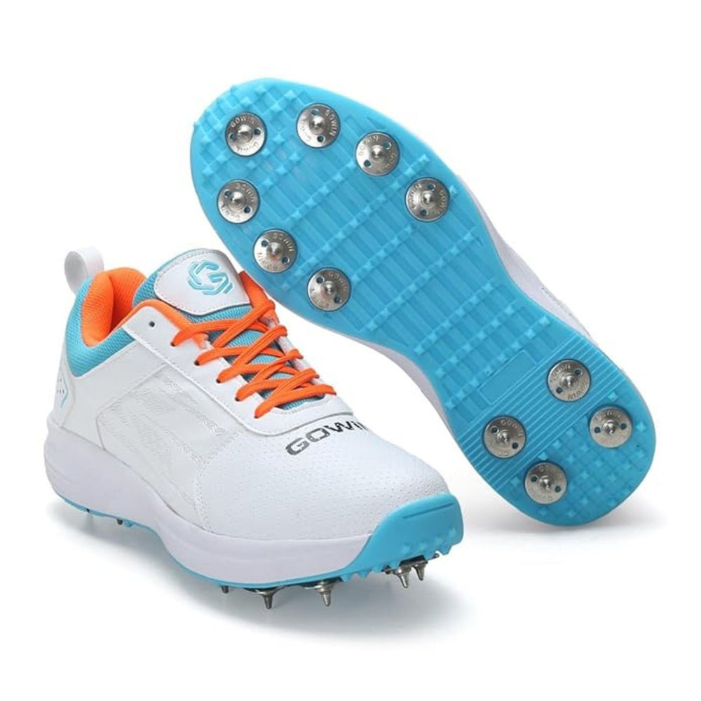 Gowin Tyro Metal Spike Cricket Shoes | Breathable Mesh Upper | Lightweight EVA Midsole | White/Island Blue - Best Price online Prokicksports.com