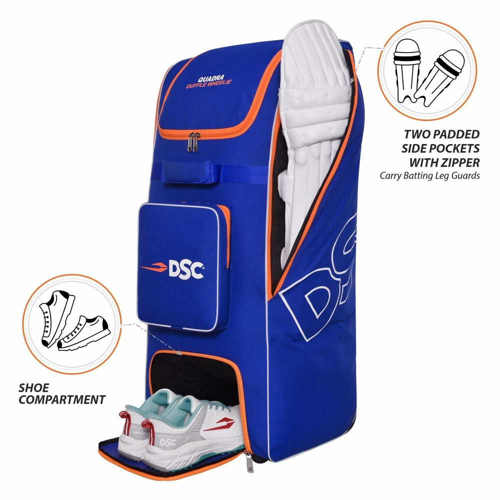 DSC Quadra Duffle Cricket Kit Bag with Wheelie – Royal Blue/Orange, Large Capacity Wheelie Duffle Cricket Gear Bag with Durable Fabric - Best Price online Prokicksports.com