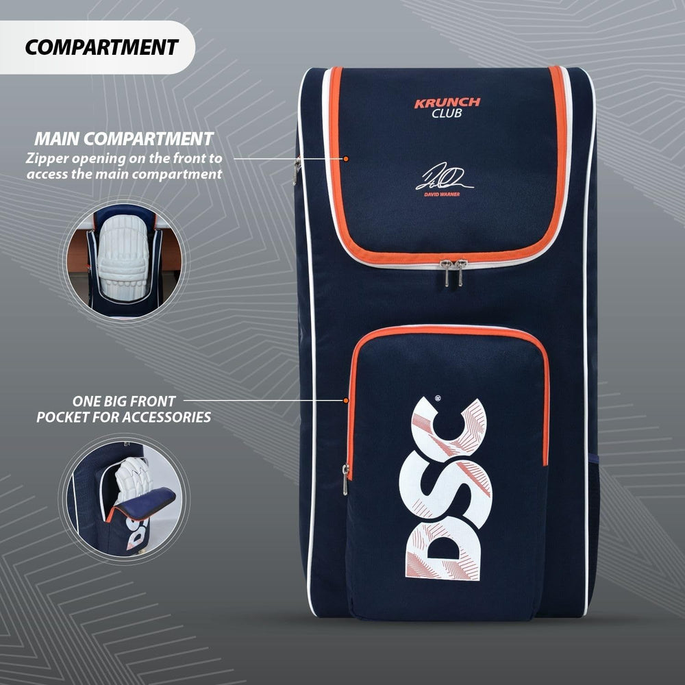 DSC Krunch Club Cricket Kitbag, Navy – Medium Duffle Kit Bag, Polyester & PU, Full Foam Padding, Front-Top Access, Multiple Pockets - Best Price online Prokicksports.com