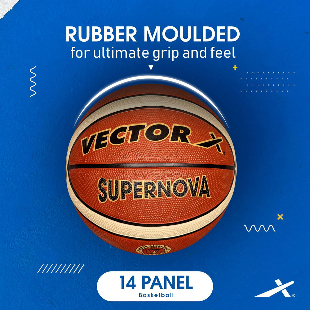 Vector X Supernova 14 Panel Rubber Basketball (Brick Brown) | All-Weather Indoor & Outdoor Basketball