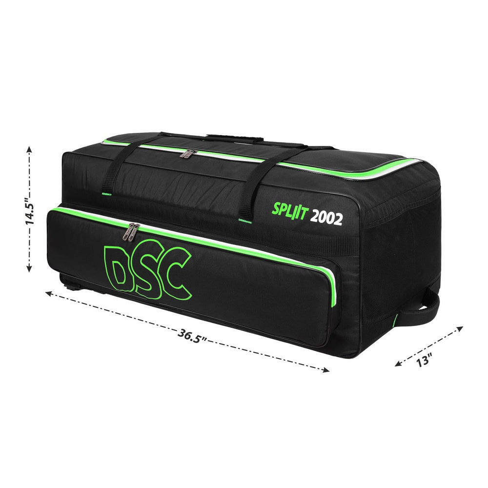 DSC Spliit 2002 Wheelie Cricket Kit Bag | Large Cricket Equipment Bag with Wheels | Padded Bat Pockets, Shoe Pocket | Black/Green