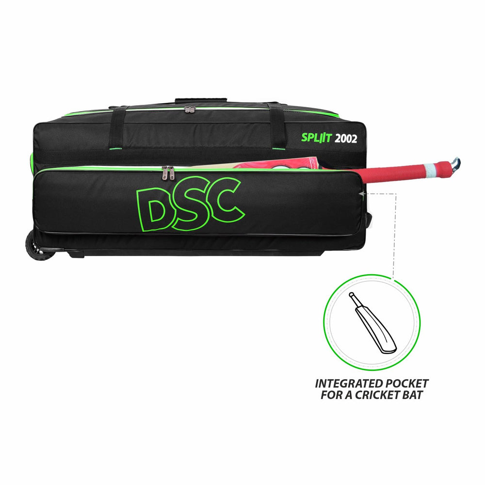 DSC Spliit 2002 Wheelie Cricket Kit Bag | Large Cricket Equipment Bag with Wheels | Padded Bat Pockets, Shoe Pocket | Black/Green