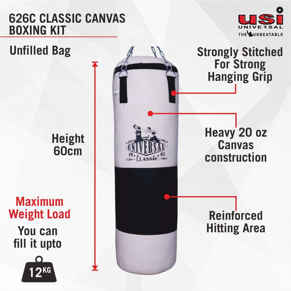 USI Universal 626C Classic Canvas Filled Boxing Punching Bag – White/Black, Durable Training Bag for Boxing, MMA & Fitness Workouts - Best Price online Prokicksports.com