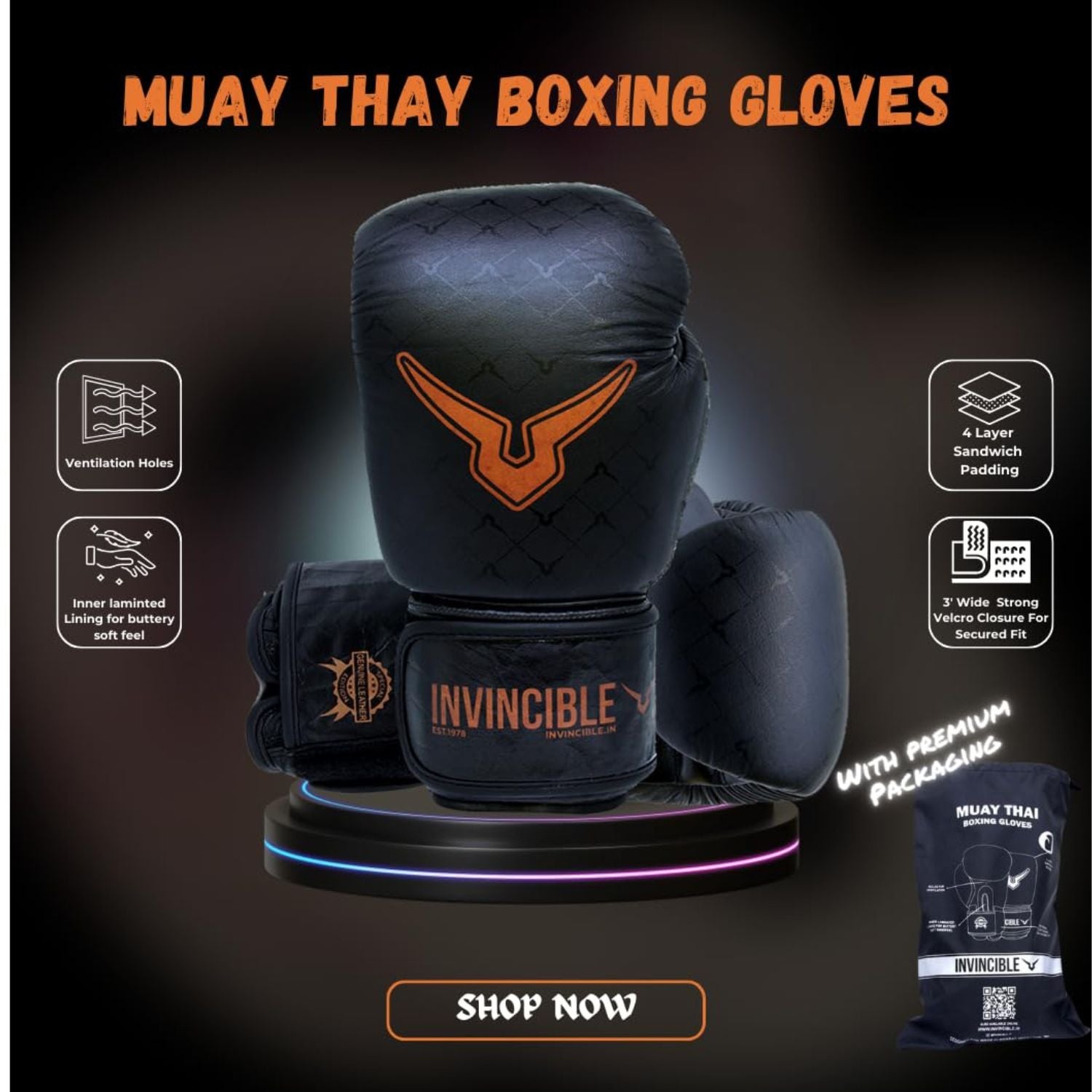 Invincible Special Edition Muay Thai Pro Boxing Gloves | Premium Synthetic Leather | MMA, Kickboxing, Heavy Bag | Hook & Loop Closure - Black - Best Price online Prokicksports.com
