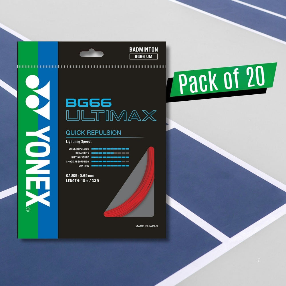Yonex BG 66 Ultimax Badminton Strings – 0.65mm Gauge, 10m Sets, Pack of 20 ( Ultra-Thin High-Repulsion Control) - Best Price online Prokicksports.com