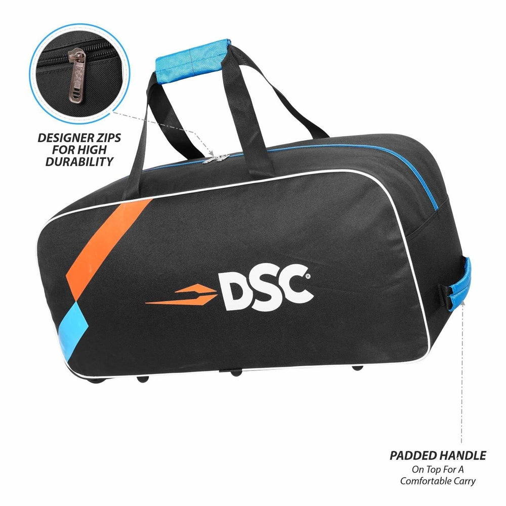 DSC Classic JR Cricket Kit Bag with Wheelie – Black/Blue, Junior Wheelie Cricket Gear Bag with Durable Fabric & Spacious Storage - Best Price online Prokicksports.com