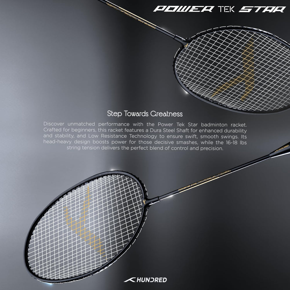 HUNDRED Powertek Star (2 Strung Rackets + 2pc Nylon Shuttlecocks), 16-18 LBS - Best Price online Prokicksports.com