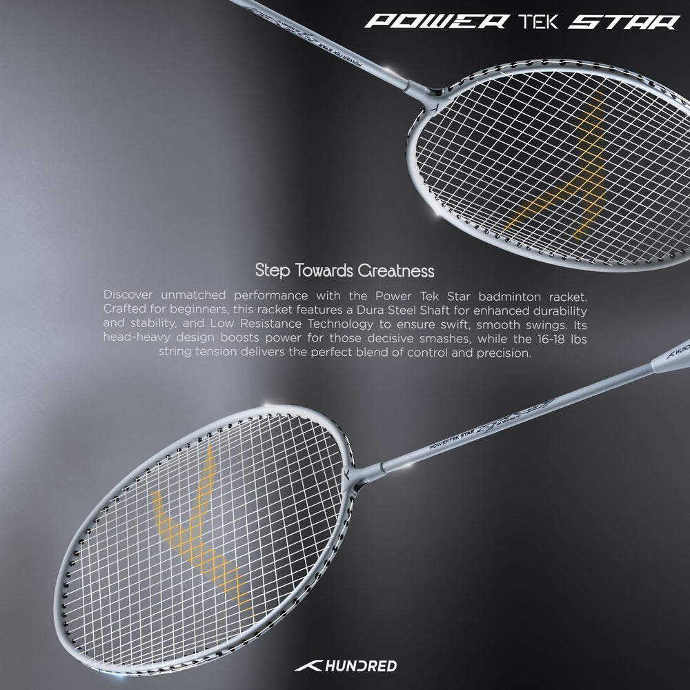 HUNDRED Powertek Star (2 Strung Rackets + 2pc Nylon Shuttlecocks), 16-18 LBS - Best Price online Prokicksports.com