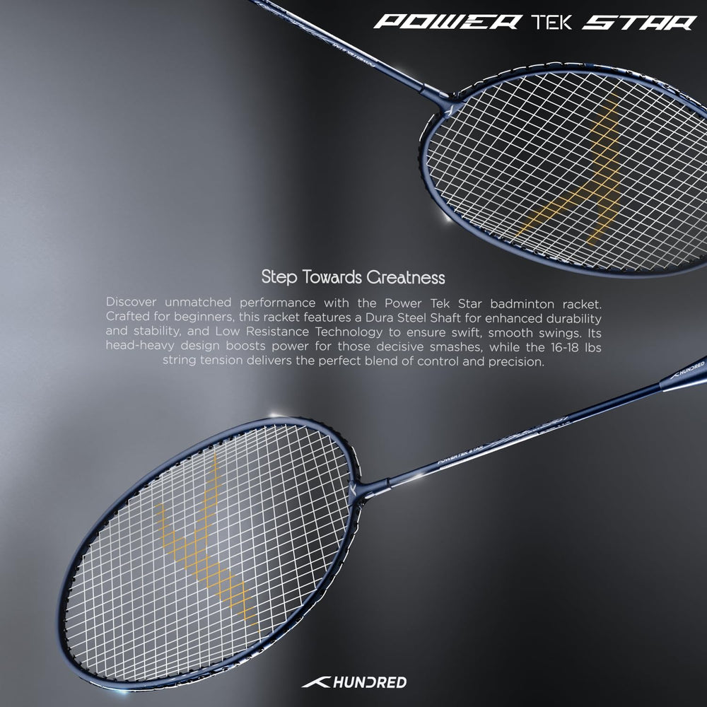 HUNDRED Powertek Star (2 Strung Rackets + 2pc Nylon Shuttlecocks), 16-18 LBS - Best Price online Prokicksports.com