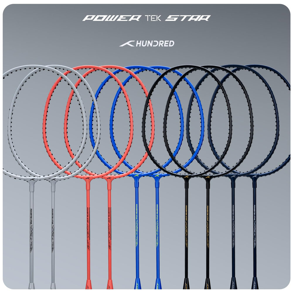 HUNDRED Powertek Star (2 Strung Rackets + 2pc Nylon Shuttlecocks), 16-18 LBS - Best Price online Prokicksports.com