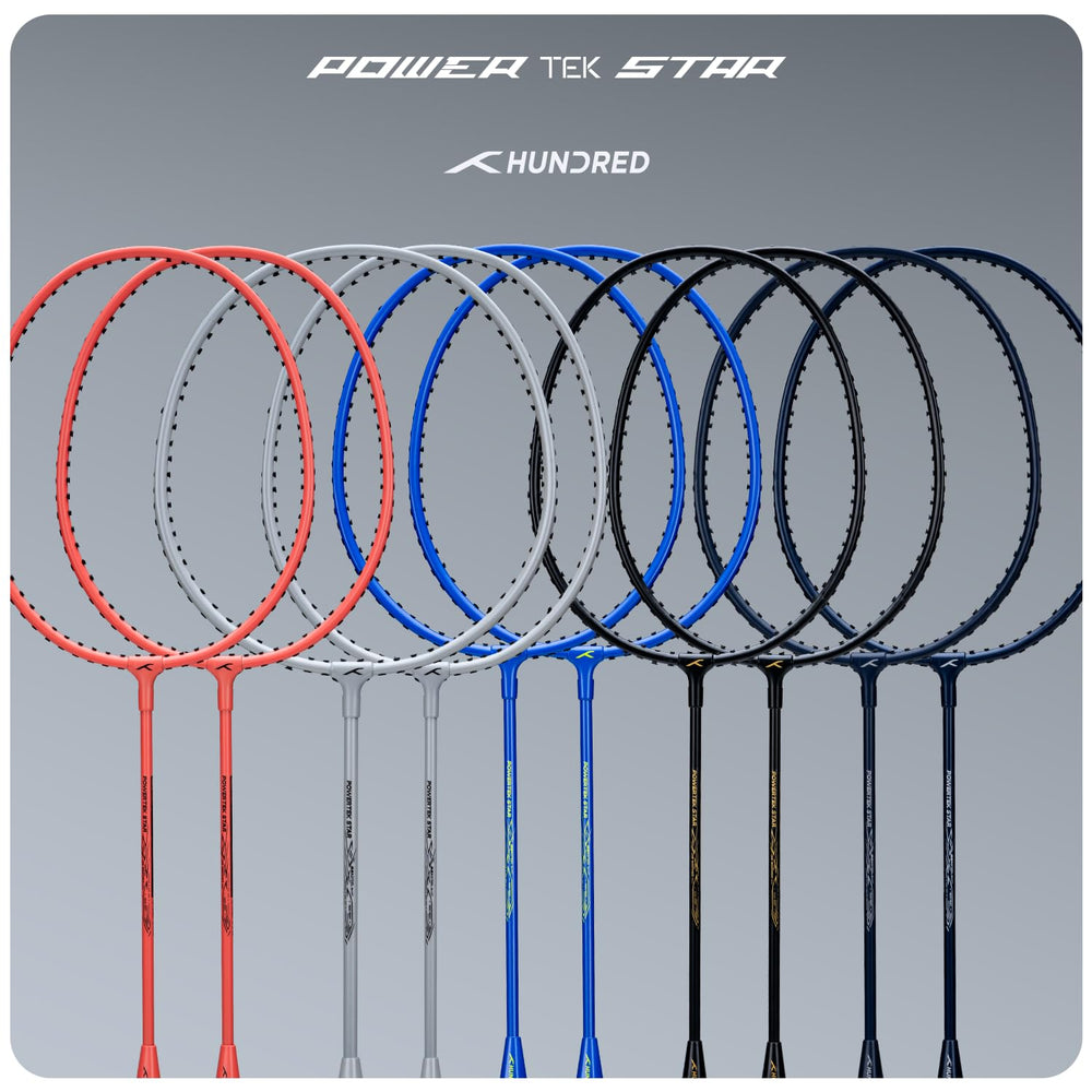 HUNDRED Powertek Star (2 Strung Rackets + 2pc Nylon Shuttlecocks), 16-18 LBS - Best Price online Prokicksports.com