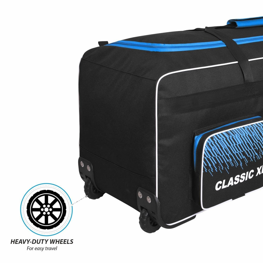 DSC Classic XL Cricket Kit Bag with Wheelie – Black/Blue, Extra Large Capacity Wheelie Cricket Gear Bag with Durable Fabric & Multiple Compartments - Best Price online Prokicksports.com