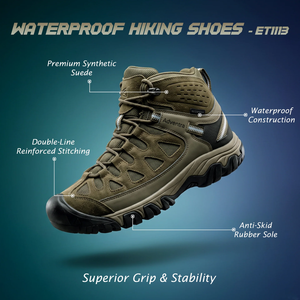 Waterproof Mid Ankle Hiking Shoes with Suede Upper (ET1113) | Synthetic Suede, EVA Cushioned Midsole, Deep-Lug Anti-Skid Outsole, Reflective Tape, All Season