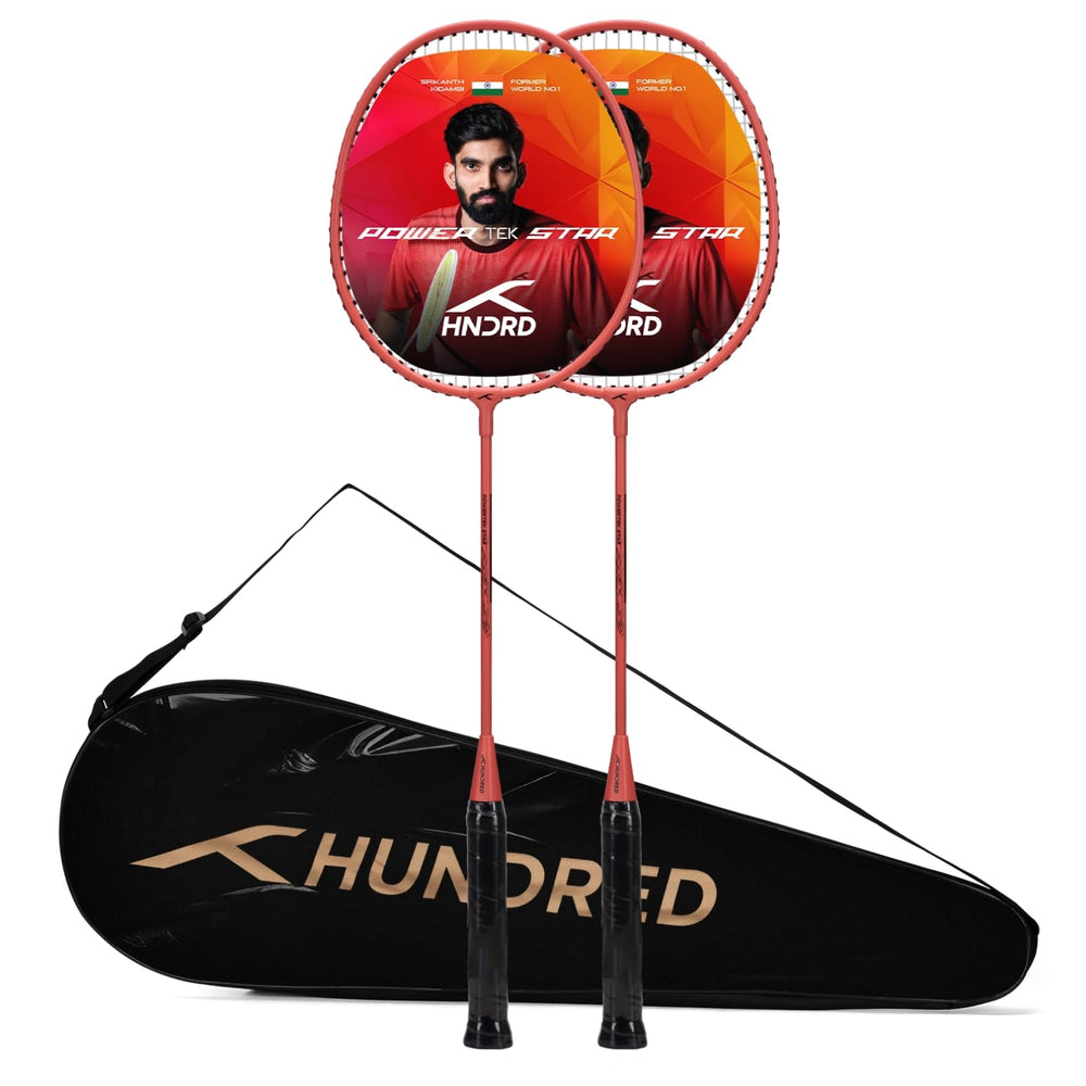 Hundred Powertek Star Strung Badminton Set (Pack of 2 Racquets) | Lightweight Aluminium Frame with Pre-Strung Strings, Full Cover & Shuttlecock Combo for Beginners - Best Price online Prokicksports.com