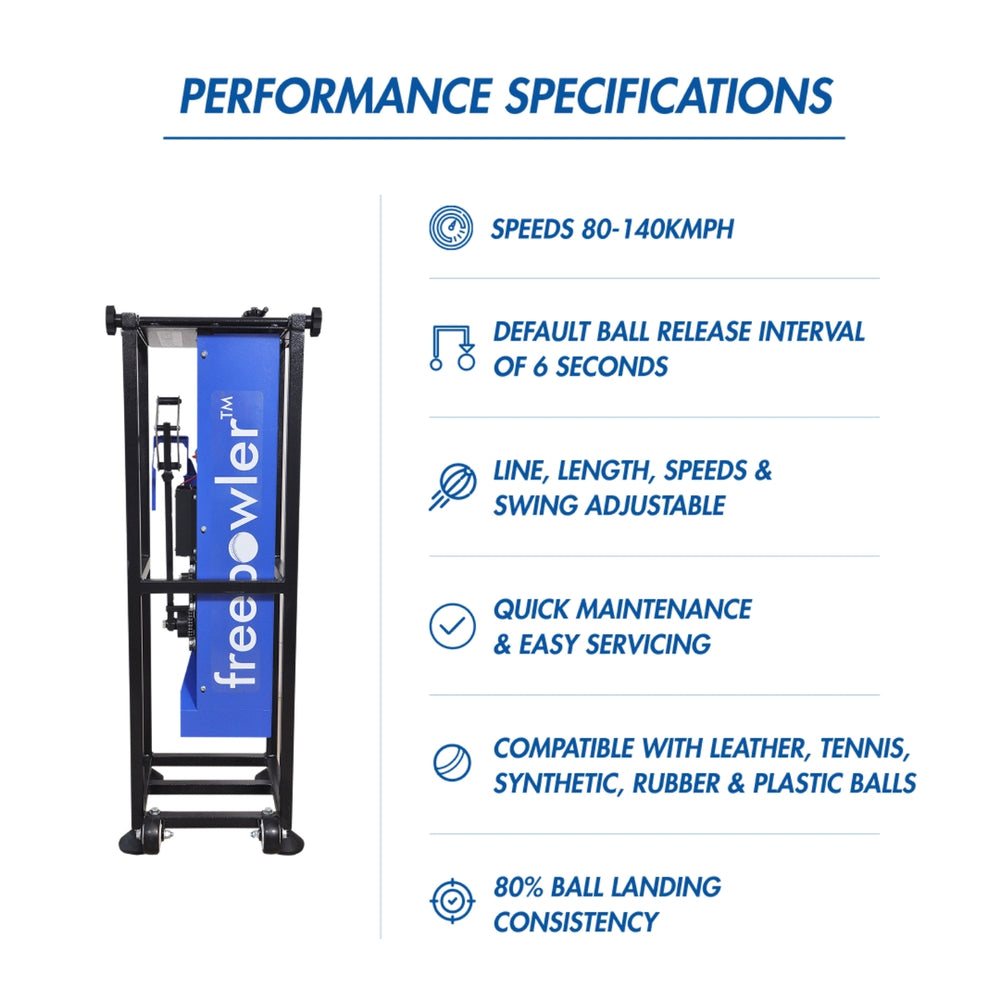 Freebowler Superthrower Standard is an FS2 automated, arm‑simulated and portable cricket bowling machine designed to throw real balls at adjustable speeds for realistic net practice. - Best Price online Prokicksports.com