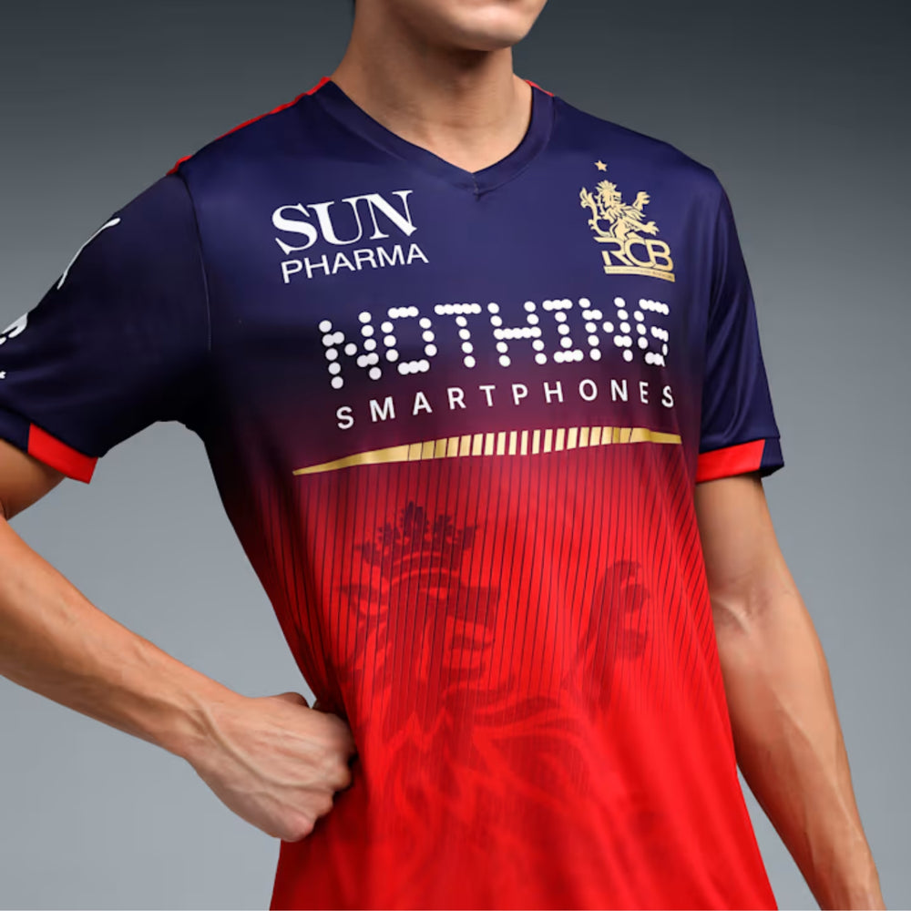 PUMA RCB Replica Jersey 2026 V-Neck T-Shirt for Men | dryCELL Sweat-Wicking Fabric with Lightweight Interlock Knit & Official Team Crest, Navy/Flame Scarlet - Best Price online Prokicksports.com