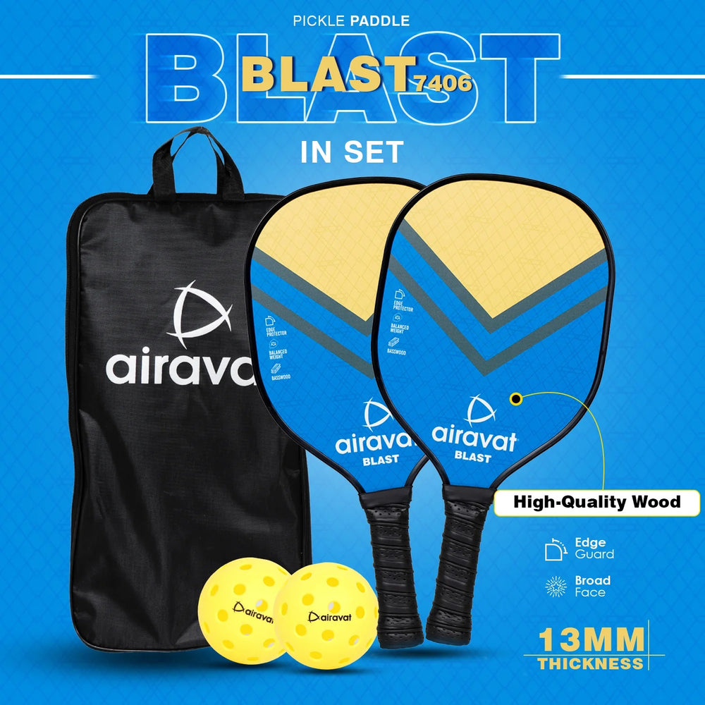 Airavat Blast 7406 Pickleball Paddle Set – 13mm | 2 Paddles + 2 Balls + Carry Bag | USAPA Approved | Lightweight Power & Control | Premium Grip | Tournament Ready (Yellow, Blue) - Best Price online Prokicksports.com