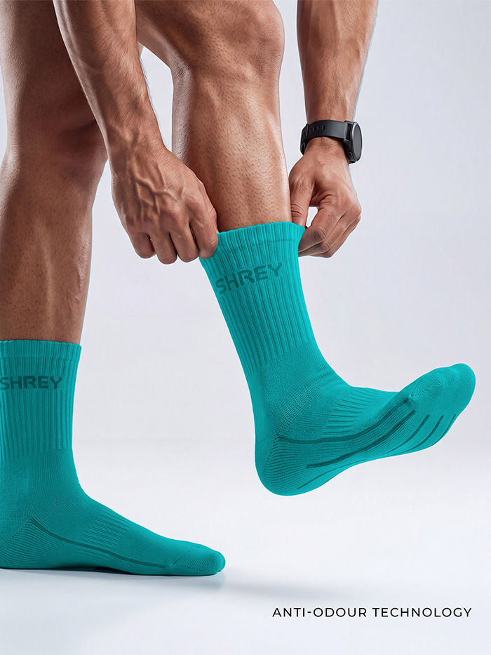 Shrey Original Match Cricket Socks (Pack of 3) | Combed Cotton, Cordura Heel & Toe | Grey-White/Viridian Green/Black Sand - Best Price online Prokicksports.com