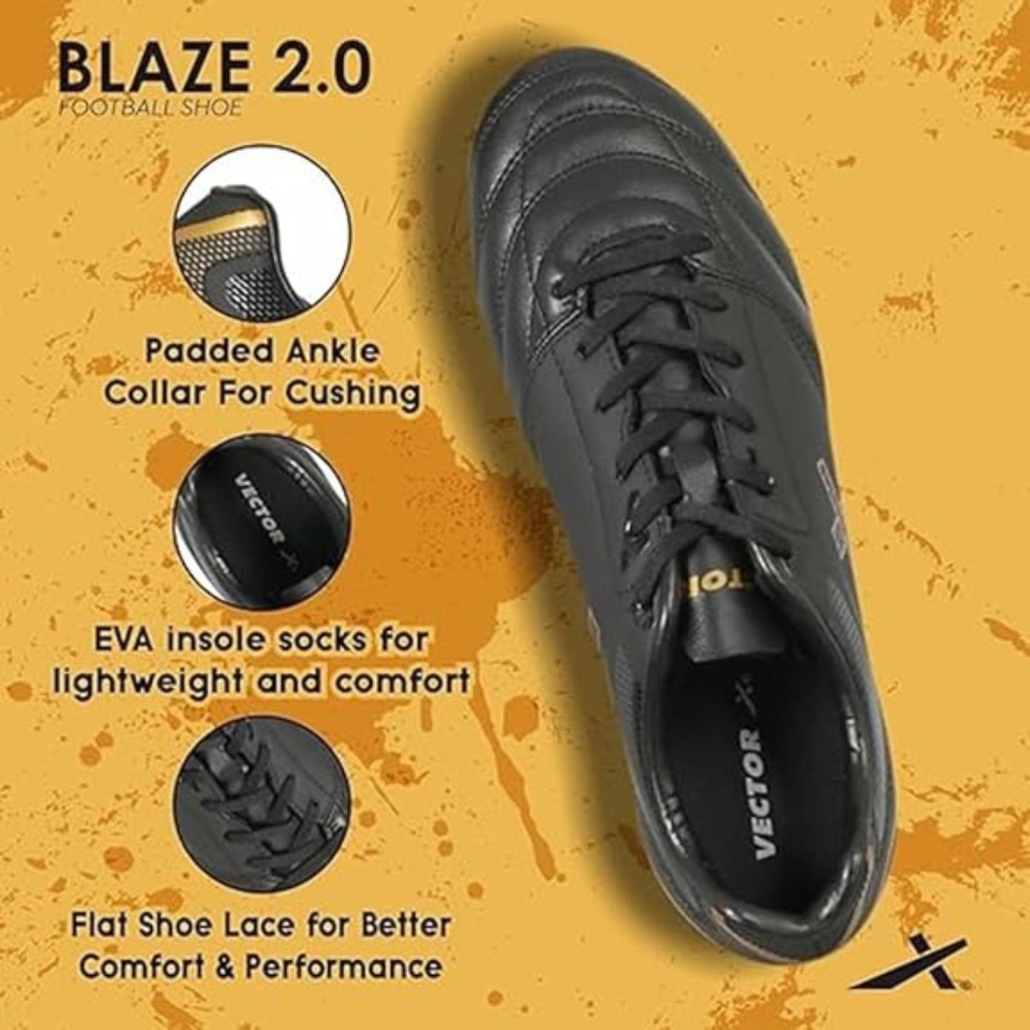 Vector X Blaze 2.0 Football Shoes | Firm Ground (FG) Studs | Lightweight Synthetic Upper | Speed Design | Black/Gold - Best Price online Prokicksports.com