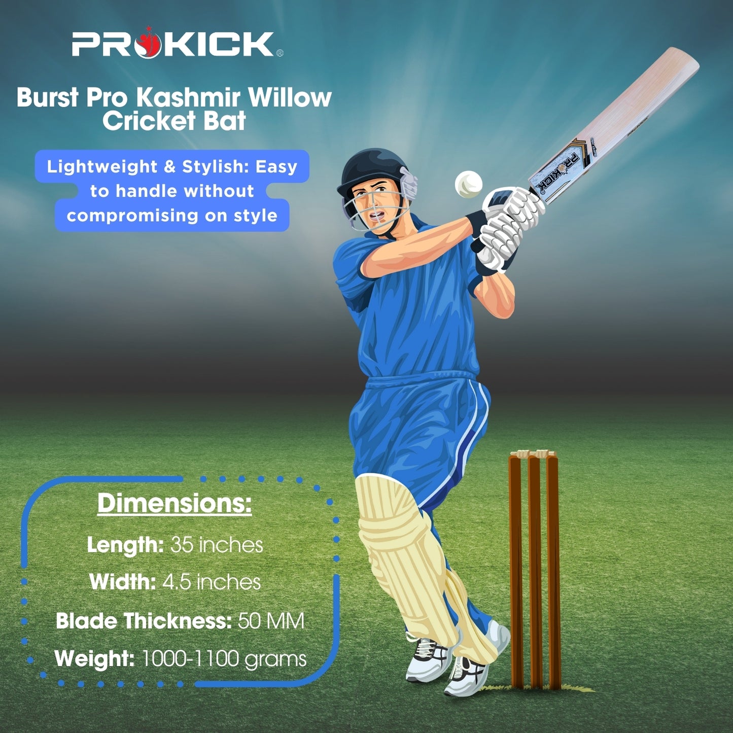 Prokick Burst Pro Double Blade Kashmir Willow Scoop Tennis Ball Bat - Best Price online Prokicksports.com