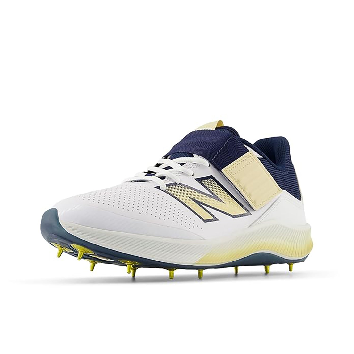 New Balance CK4040N6 Standard Metal Spike Cricket Shoes White/Navy/Gold – Elite Performance Spikes for Pro-Level Fast Bowlers and All-Rounders on Turf - Best Price online Prokicksports.com