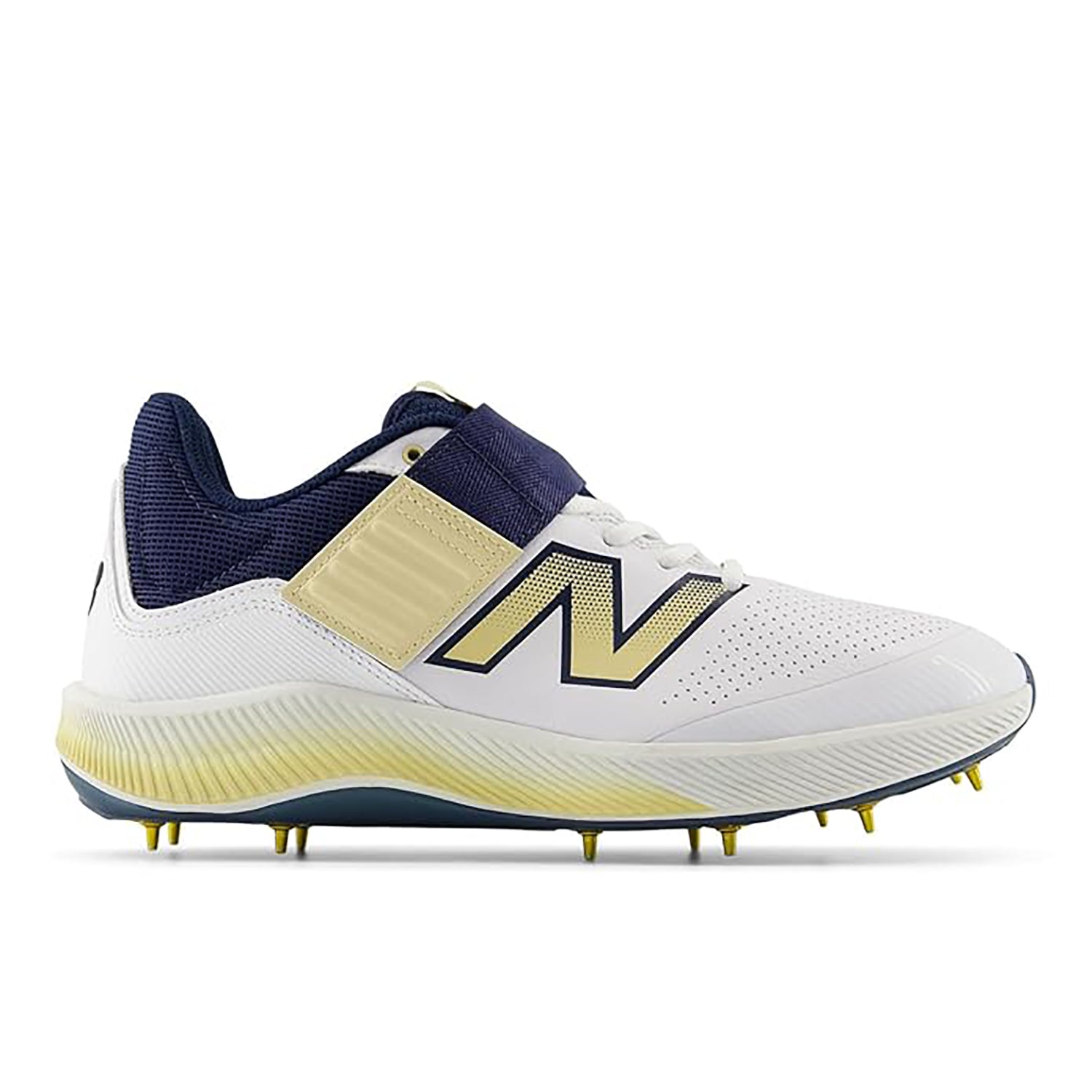 New Balance CK4040N6 Standard Metal Spike Cricket Shoes White/Navy/Gold – Elite Performance Spikes for Pro-Level Fast Bowlers and All-Rounders on Turf - Best Price online Prokicksports.com