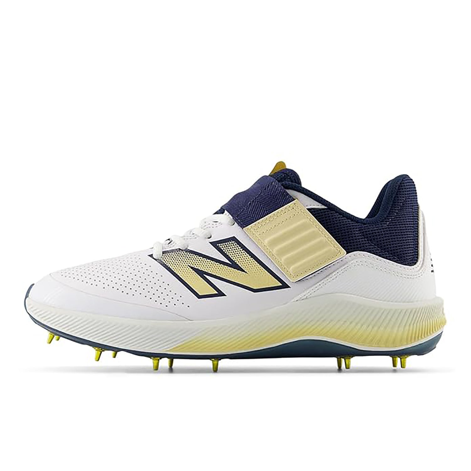 New Balance CK4040N6 Standard Metal Spike Cricket Shoes White/Navy/Gold – Elite Performance Spikes for Pro-Level Fast Bowlers and All-Rounders on Turf - Best Price online Prokicksports.com