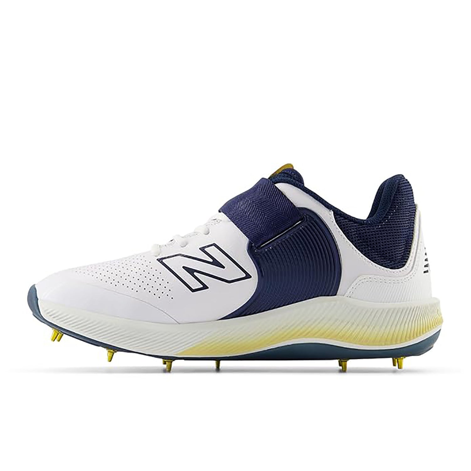 New Balance CK4040N6 Standard Metal Spike Cricket Shoes White/Navy/Gold – Elite Performance Spikes for Pro-Level Fast Bowlers and All-Rounders on Turf - Best Price online Prokicksports.com