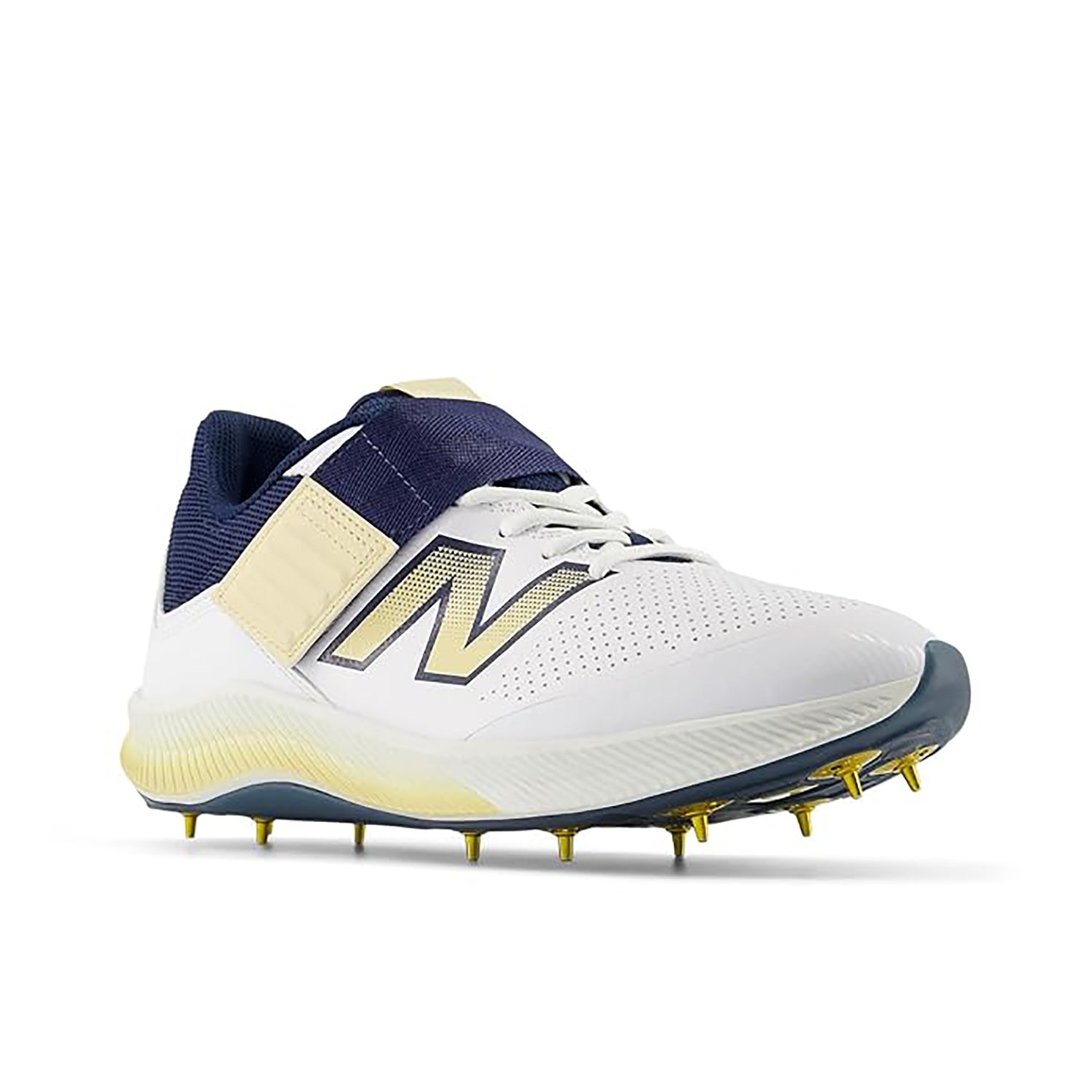 New Balance CK4040N6 Standard Metal Spike Cricket Shoes White/Navy/Gold – Elite Performance Spikes for Pro-Level Fast Bowlers and All-Rounders on Turf - Best Price online Prokicksports.com