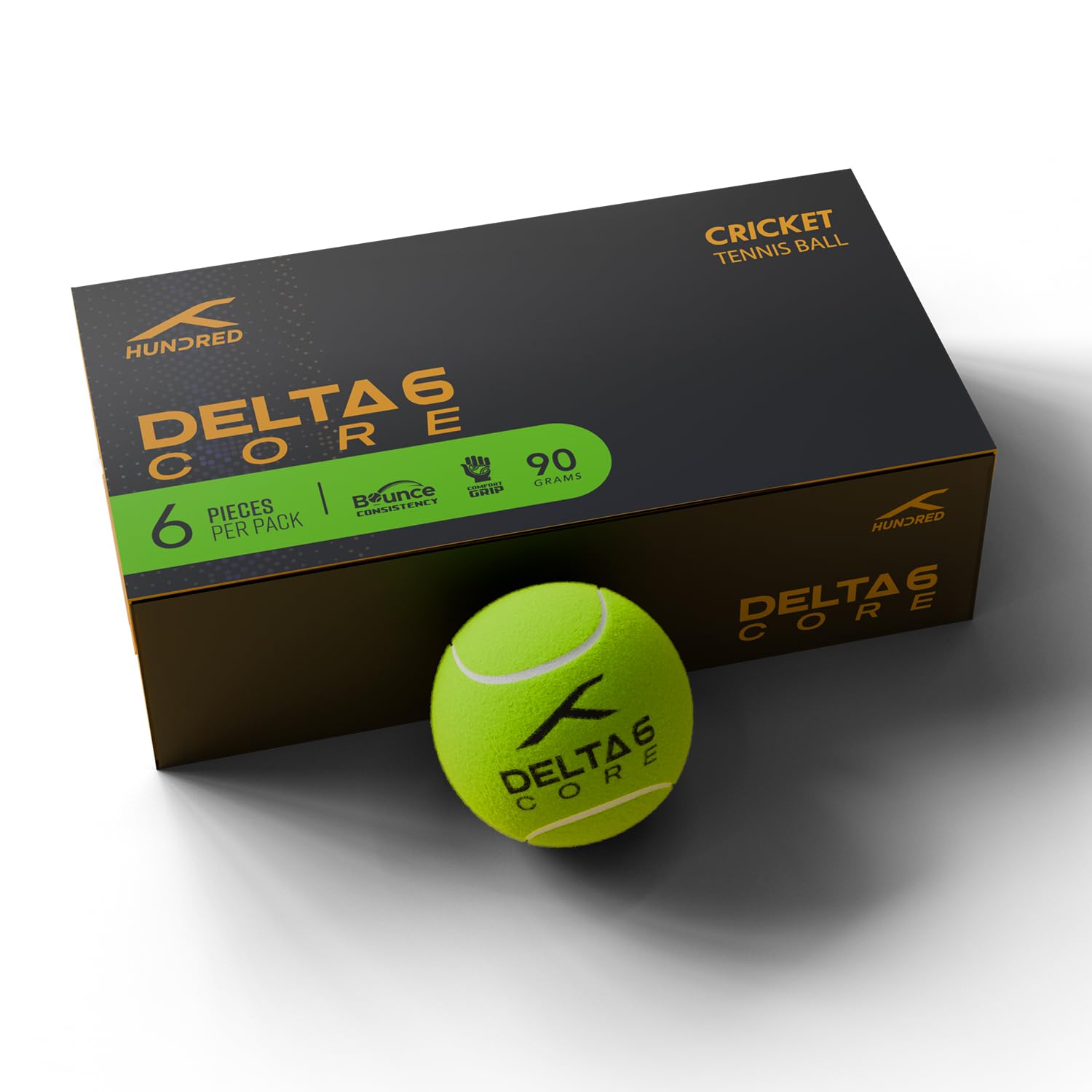 Hundred Delta 6 Core Cricket Tennis Balls – Pack of 6 Neon Yellow Durable Balls for Training, Matches, Gully Cricket & Turf Play - Best Price online Prokicksports.com