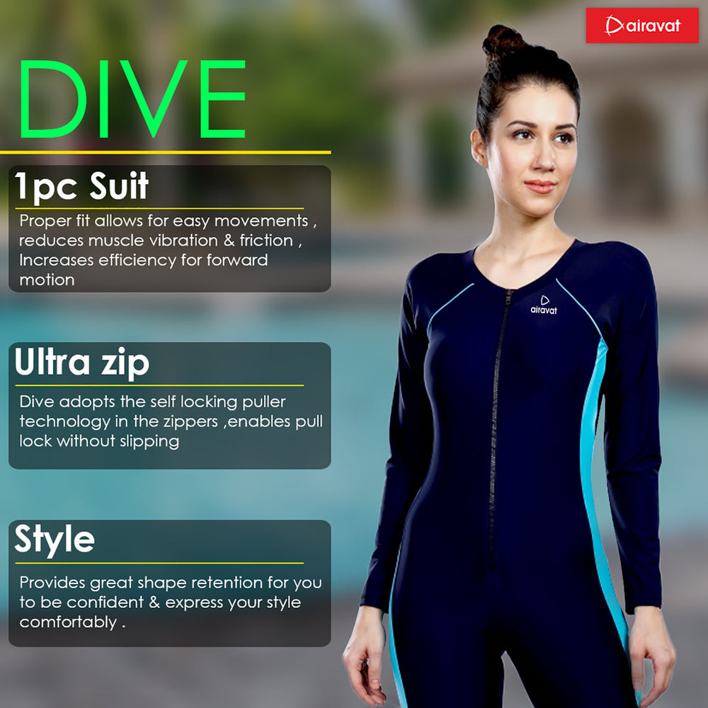 Airavat Dive 5004 Women's Full Body Swimsuit – Modest Long Sleeve Swimwear for Training, Pool, Beach, Water Aerobics & Sports Use - Best Price online Prokicksports.com