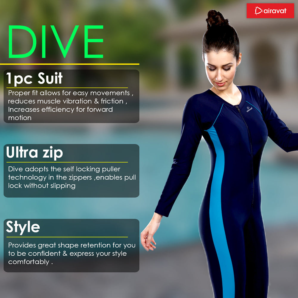 Airavat Dive 5004 Women's Full Body Swimsuit – Modest Long Sleeve Swimwear for Training, Pool, Beach, Water Aerobics & Sports Use - Best Price online Prokicksports.com