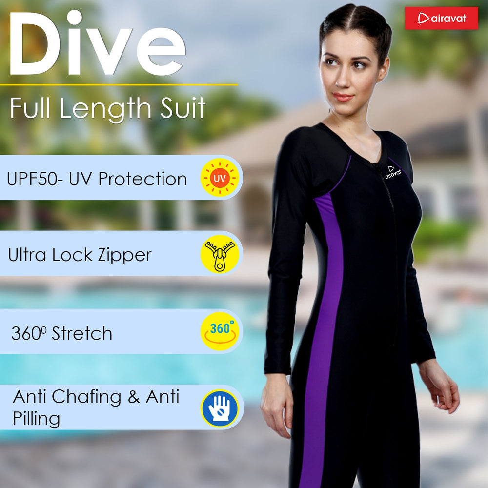 Airavat Dive 5004 Women's Full Body Swimsuit – Modest Long Sleeve Swimwear for Training, Pool, Beach, Water Aerobics & Sports Use - Best Price online Prokicksports.com