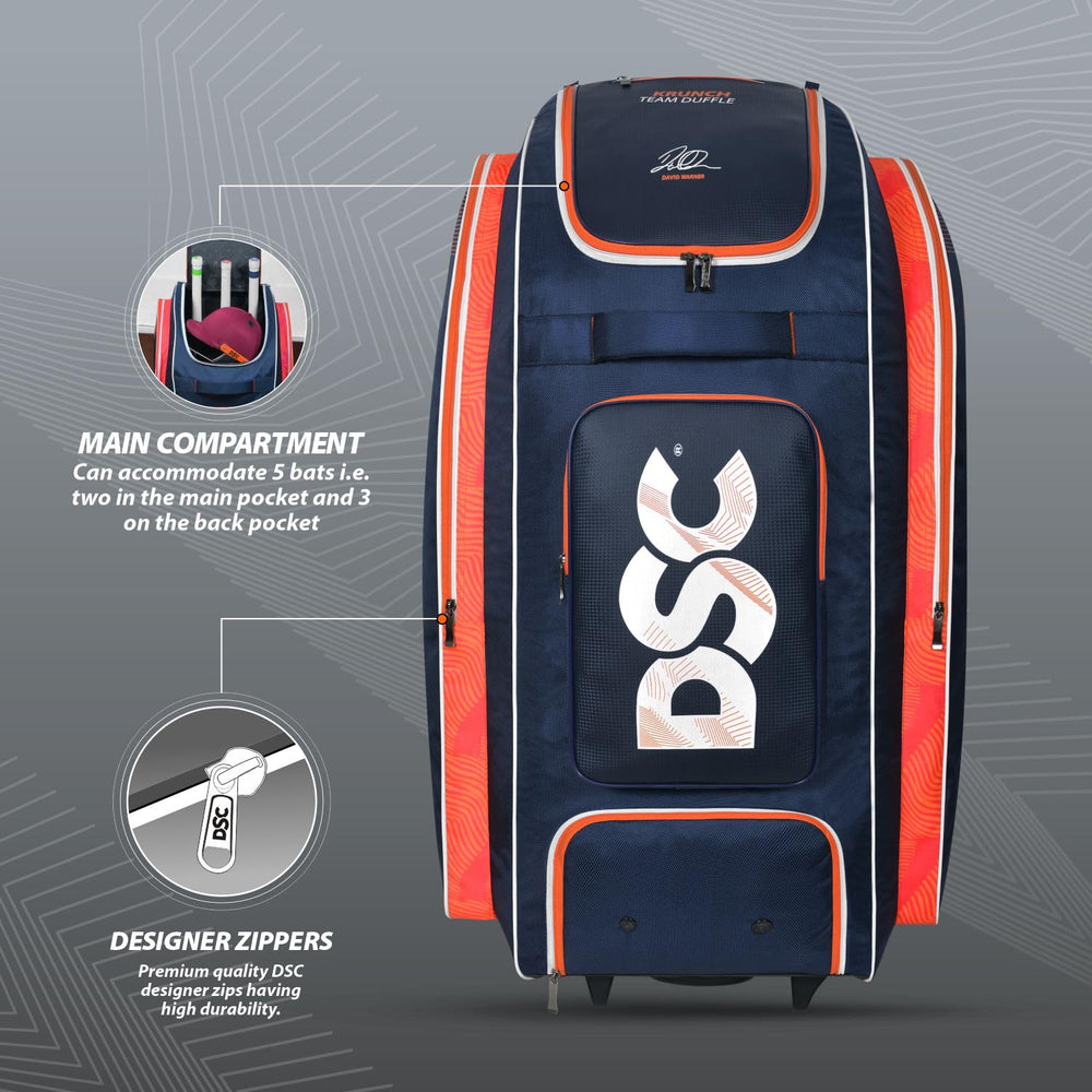 DSC Krunch Team Duffle Cricket Kitbag with Wheelie | Spacious & Durable | Navy/Orange (37x14.5x16 inches) - Best Price online Prokicksports.com
