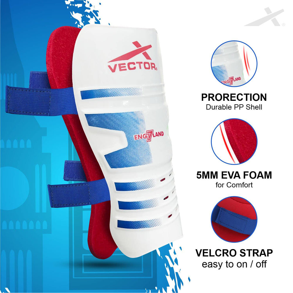 Vector X England Football Shinguard with Lightweight Outer Shell, EVA Foam Padding, Adjustable Straps, and Ergonomic Fit for Training & Match Play - Best Price online Prokicksports.com