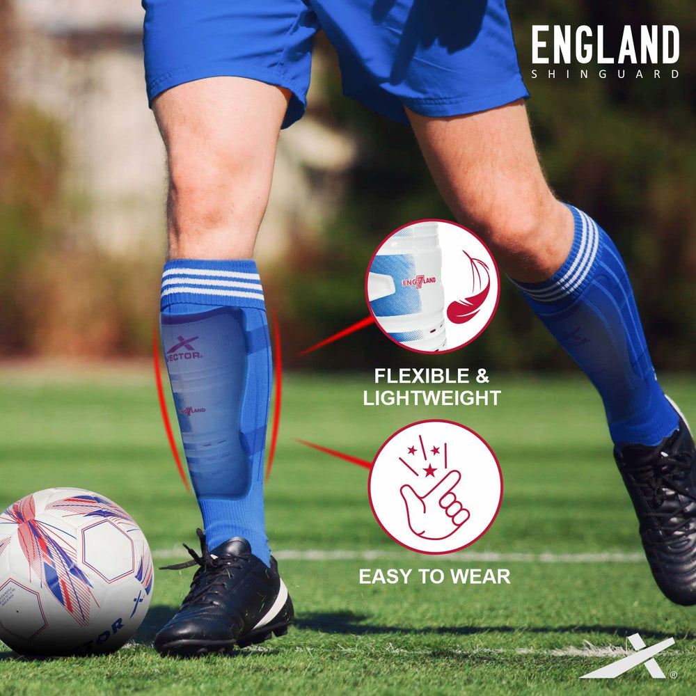 Vector X England Football Shinguard with Lightweight Outer Shell, EVA Foam Padding, Adjustable Straps, and Ergonomic Fit for Training & Match Play - Best Price online Prokicksports.com